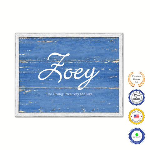 Zoey Name Plate White Wash Wood Frame Canvas Print Boutique Cottage Decor Shabby Chic