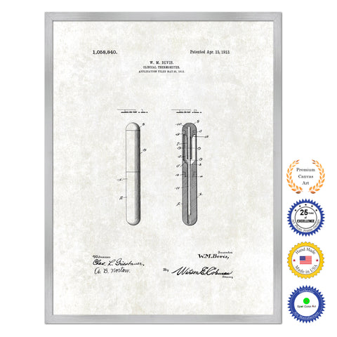 1913 Doctor Clinical Thermometer Antique Patent Artwork Silver Framed Canvas Print Home Office Decor Great for Doctor Paramedic Surgeon Hospital Medical Student