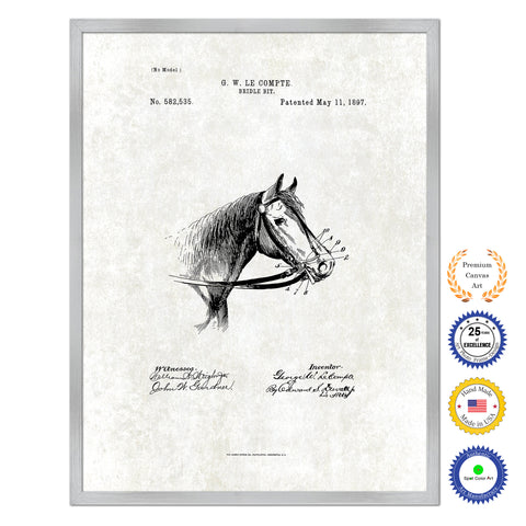 1897 Farming Horse Bridle Bit Antique Patent Artwork Silver Framed Canvas Print Home Office Decor Great for Farmer Milk Lover Cattle Rancher
