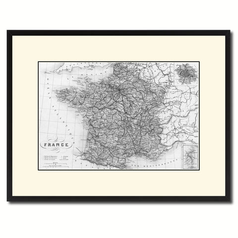 France Paris Vintage B&W Map Canvas Print, Picture Frame Home Decor Wall Art Gift Ideas