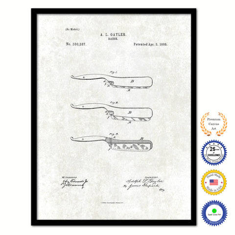 1888 Barber Razor Vintage Patent Artwork Black Framed Canvas Print Home Office Decor Great Gift for Barber Salon Hair Stylist