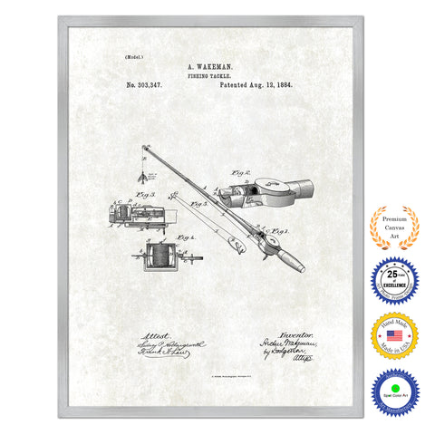 1884 Fishing Tackle Antique Patent Artwork Silver Framed Canvas Print Home Office Decor Great for Fisherman Cabin Lake House