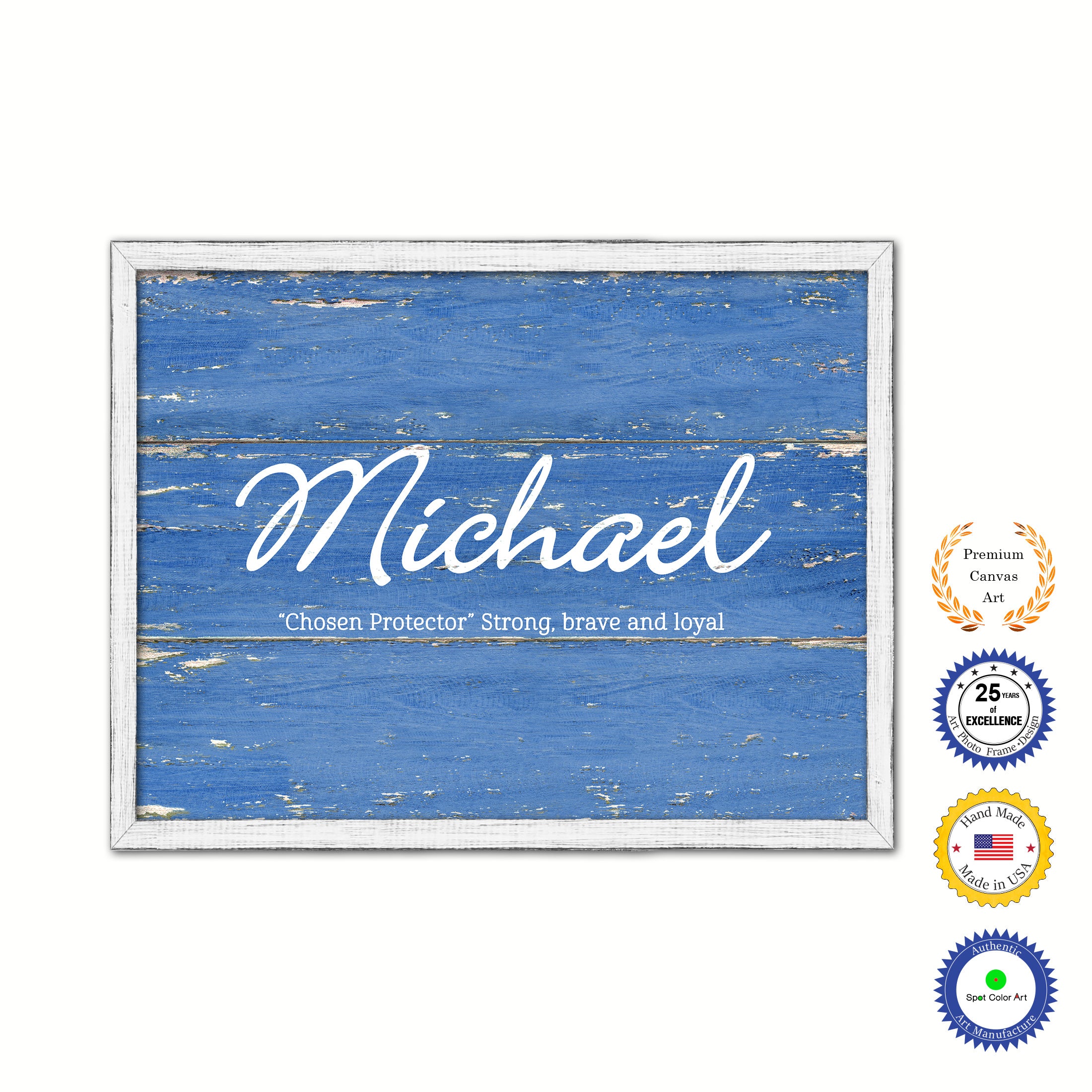 Michael Name Plate White Wash Wood Frame Canvas Print Boutique Cottage Decor Shabby Chic
