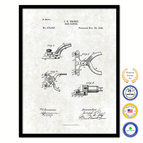 1896 Barber Hair Clipper Vintage Patent Artwork Black Framed Canvas Print Home Office Decor Great Gift for Barber Salon Hair Stylist