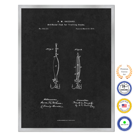 1874 Fishing Artificial Fish for Trolling Hooks Antique Patent Artwork Silver Framed Canvas Home Office Decor Great for Fisherman Cabin Lake House