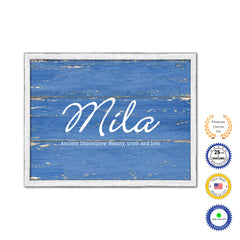 Mila Name Plate White Wash Wood Frame Canvas Print Boutique Cottage Decor Shabby Chic