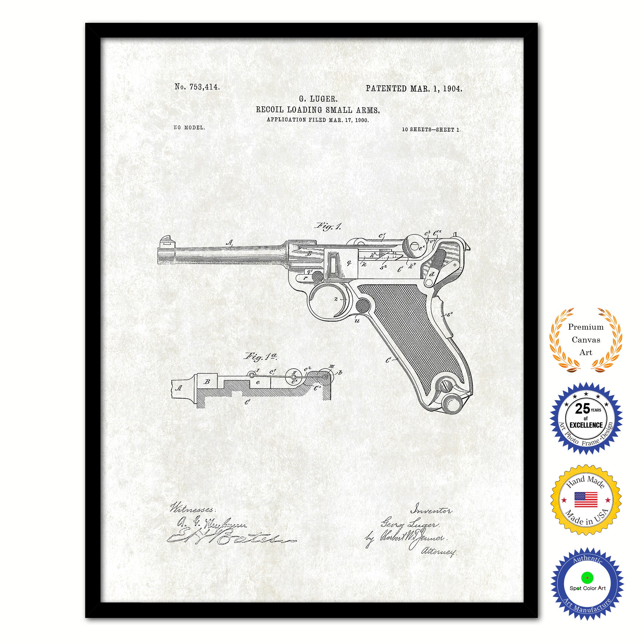1904 Luger Gun Old Patent Art Print on Canvas Custom Framed Vintage Home Decor Wall Decoration Great for Gifts