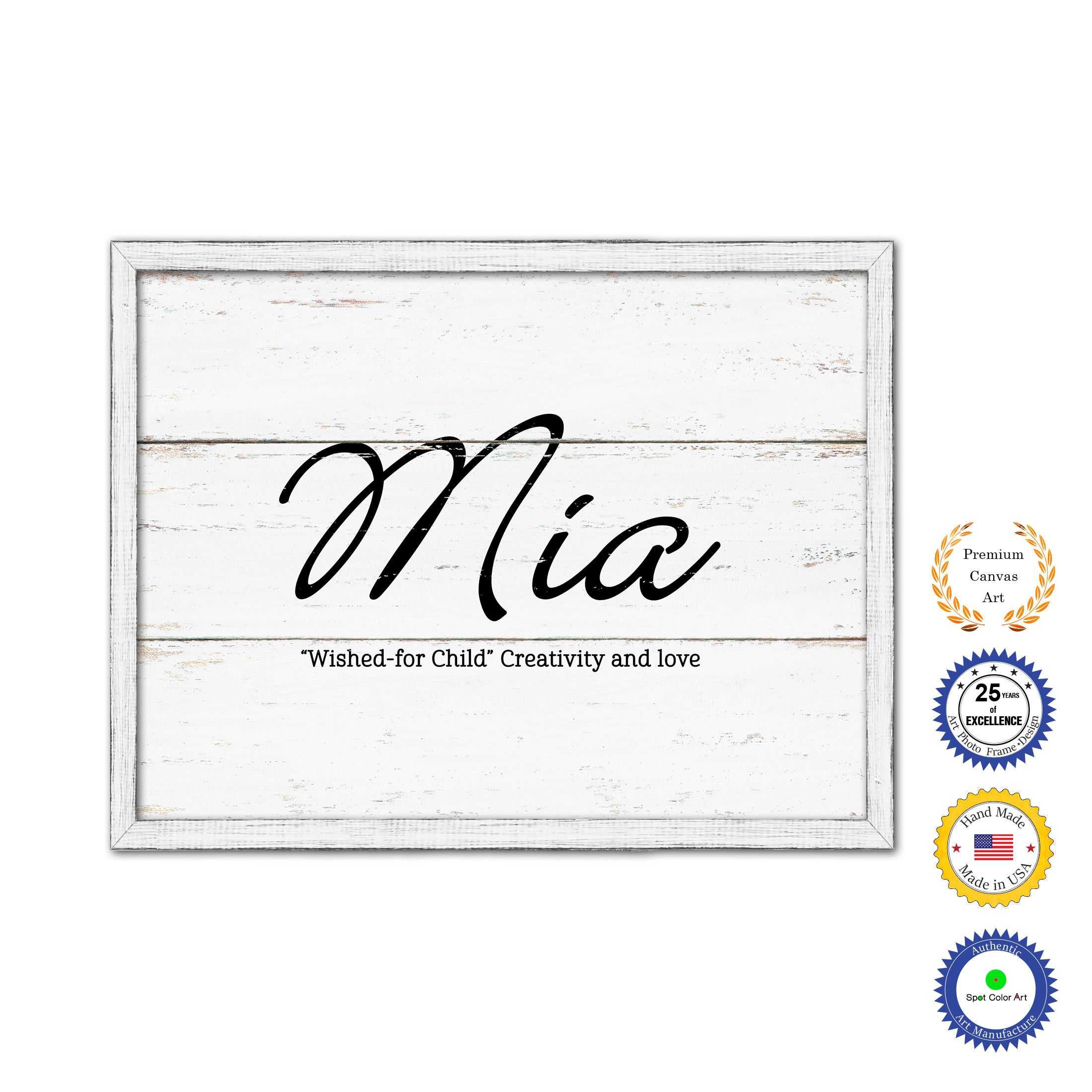 Mia Name Plate White Wash Wood Frame Canvas Print Boutique Cottage Decor Shabby Chic