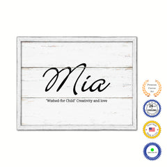 Mia Name Plate White Wash Wood Frame Canvas Print Boutique Cottage Decor Shabby Chic