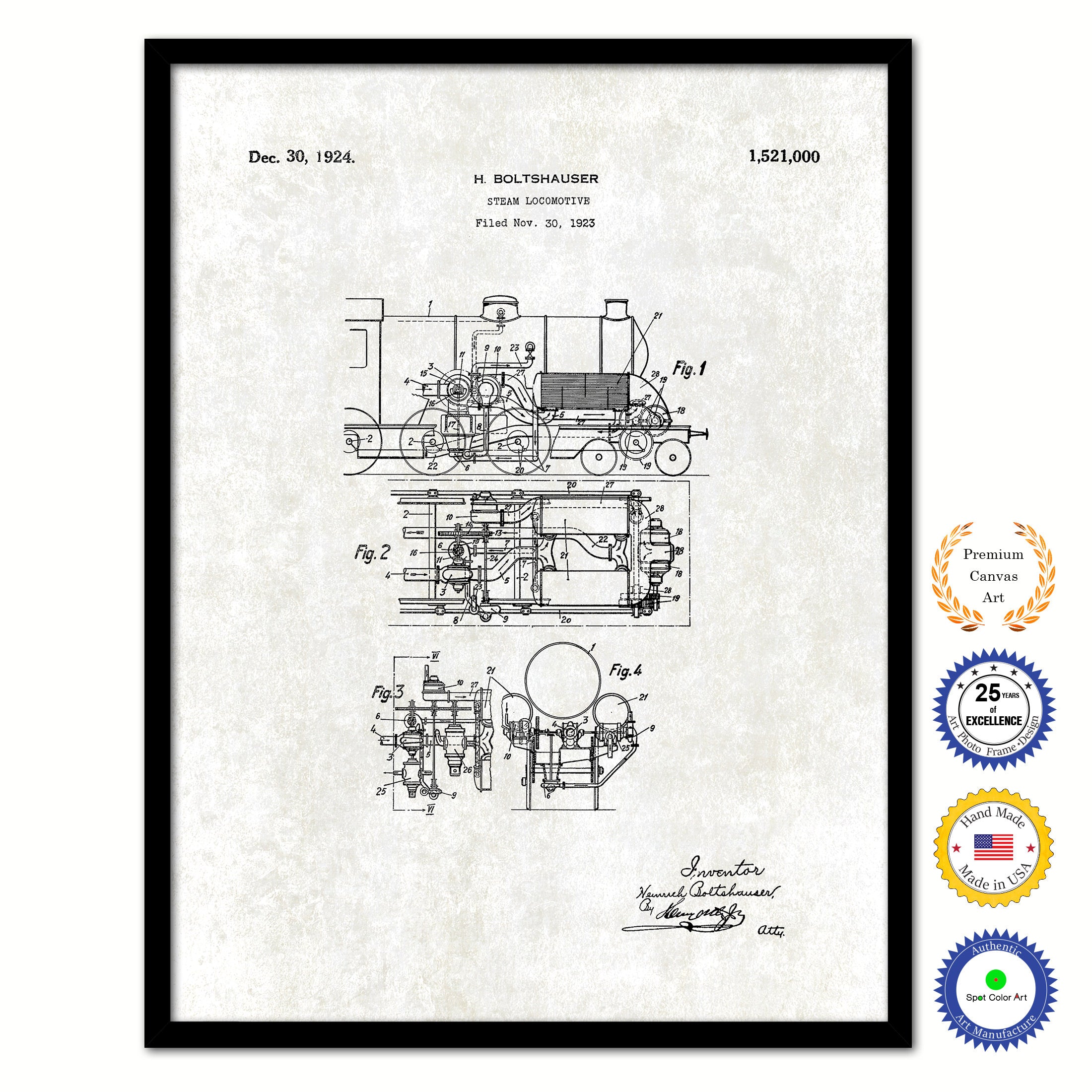 1924 Steam Locomotive Old Patent Art Print on Canvas Custom Framed Vintage Home Decor Wall Decoration Great for Gifts