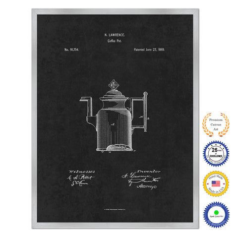 1869 Coffee Pot Antique Patent Artwork Silver Framed Canvas Home Office Decor Great for Coffee Lover Cafe Tea Shop
