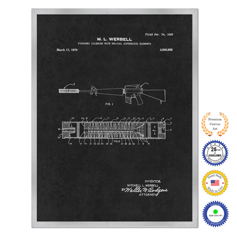 1970 Firearms Silencer for Machine Gun Old Patent Art Print on Canvas Custom Framed Vintage Home Decor Wall Decoration Great for Gifts
