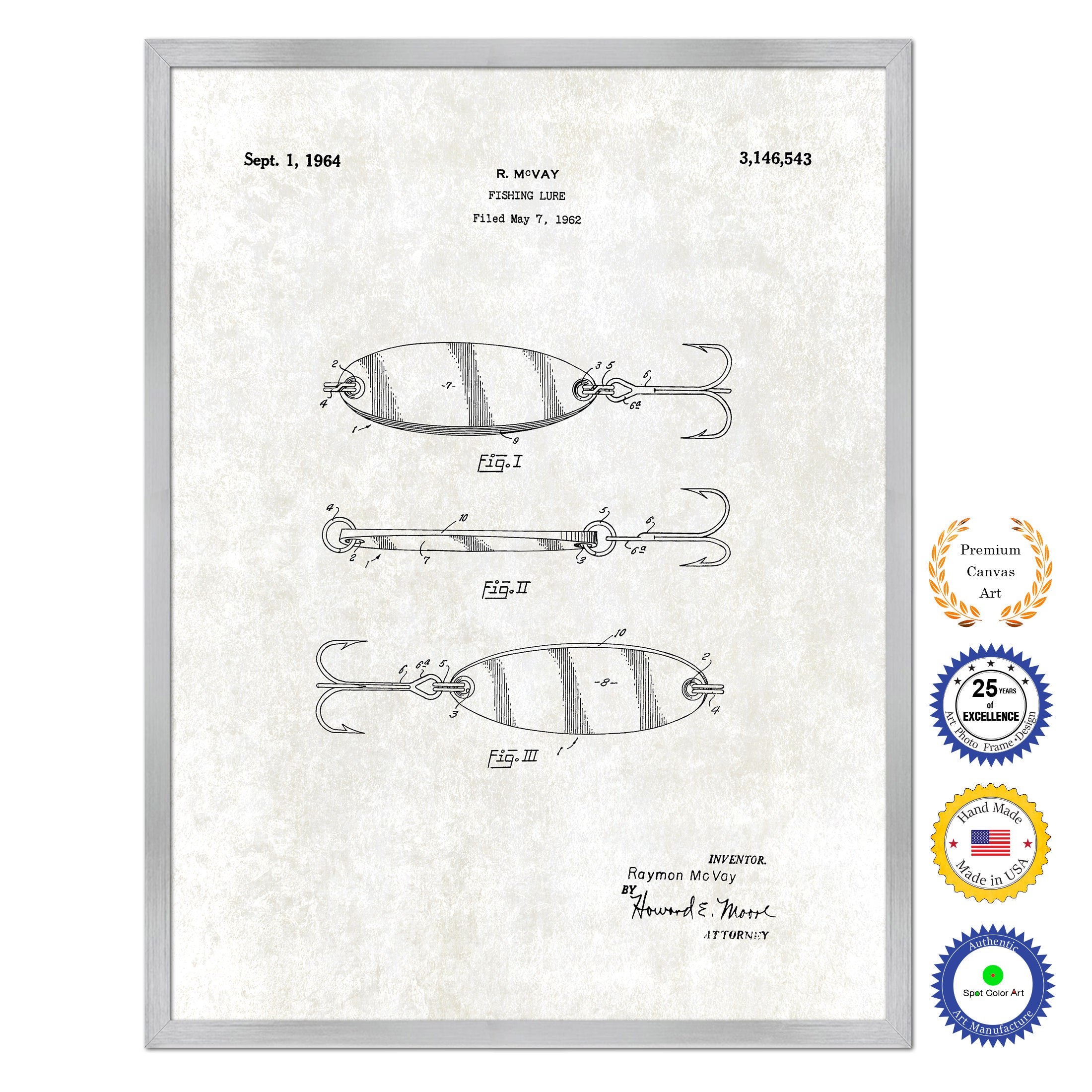 1964 Fishing lure Old Patent Art Print on Canvas Custom Framed Vintage Home Decor Wall Decoration Great for Gifts