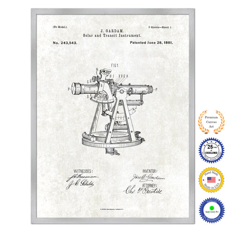 1881 Solar and transit instrument Old Patent Art Print on Canvas Custom Framed Vintage Home Decor Wall Decoration Great for Gifts
