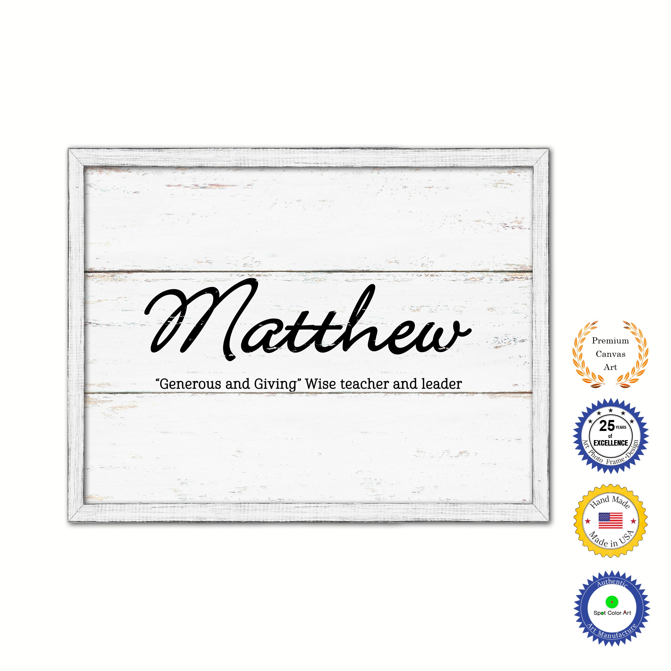 Matthew Name Plate White Wash Wood Frame Canvas Print Boutique Cottage Decor Shabby Chic
