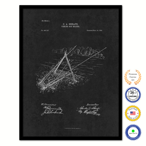 1890 Fishing Rod Holder Vintage Patent Artwork Black Framed Canvas Home Office Decor Great for Fisherman Cabin Lake House