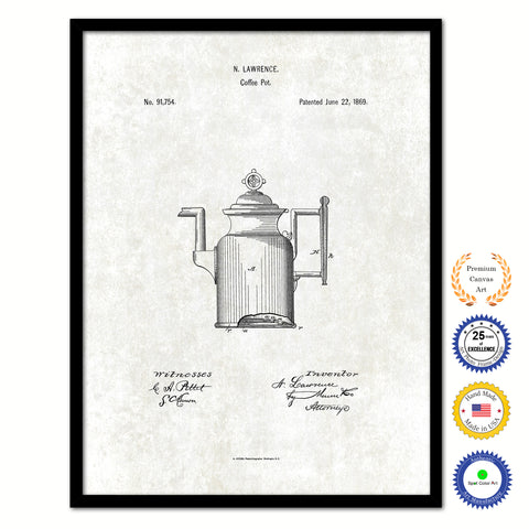 1869 Coffee Pot Vintage Patent Artwork Black Framed Canvas Print Home Office Decor Great for Coffee Lover Cafe Tea Shop