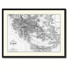 Greece Vintage B&W Map Canvas Print, Picture Frame Home Decor Wall Art Gift Ideas