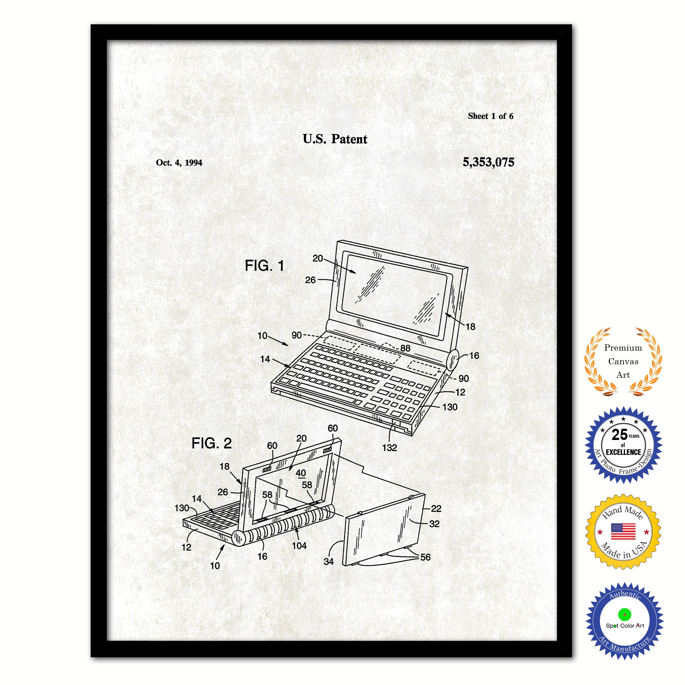 1994 Convertible flat panel display system Old Patent Art Print on Canvas Custom Framed Vintage Home Decor Wall Decoration Great for Gifts