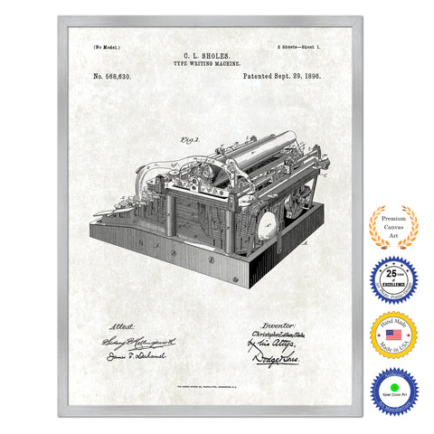 1896 Type Writing Machine Old Patent Art Print on Canvas Custom Framed Vintage Home Decor Wall Decoration Great for Gifts