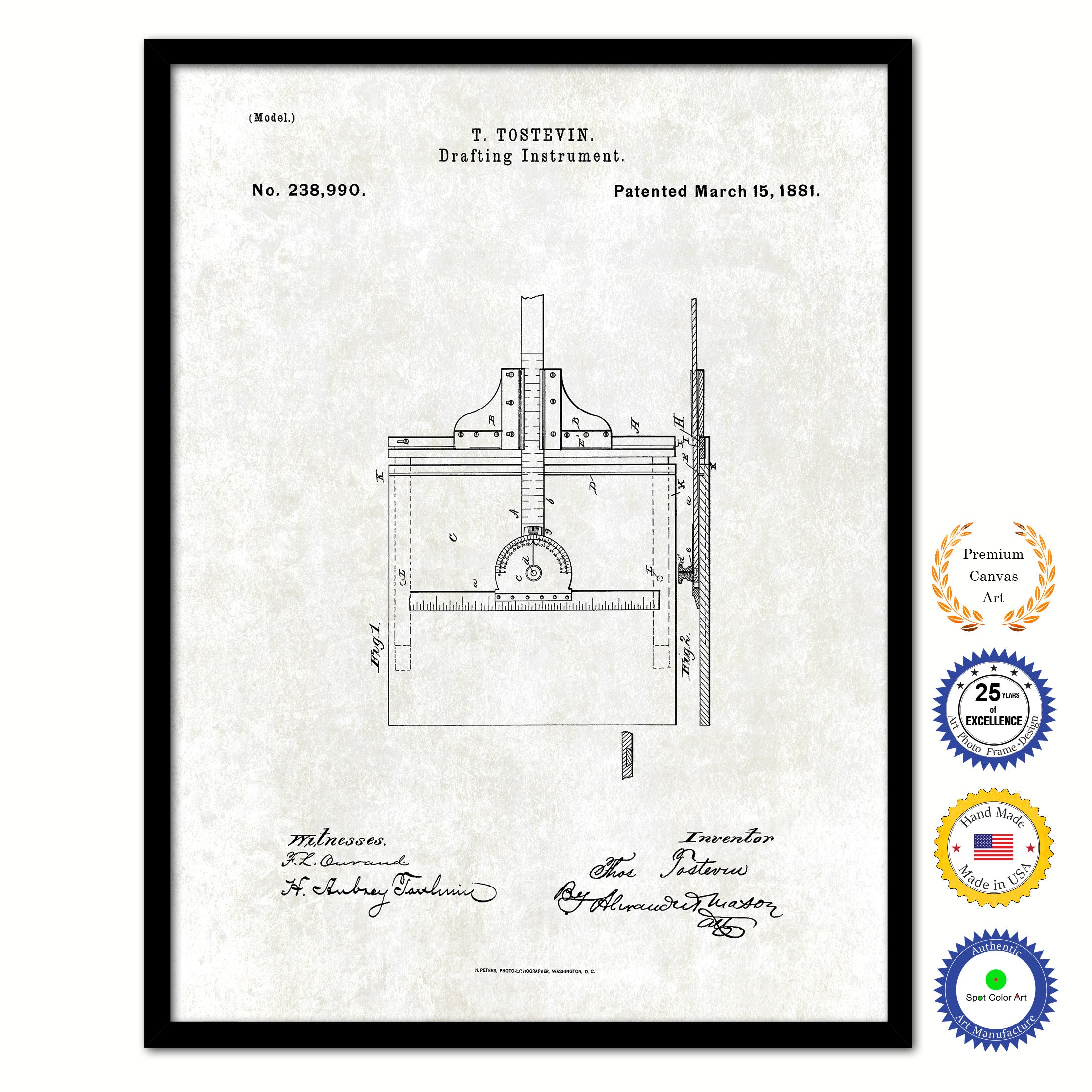 1881 Drafting Instrument Old Patent Art Print on Canvas Custom Framed Vintage Home Decor Wall Decoration Great for Gifts