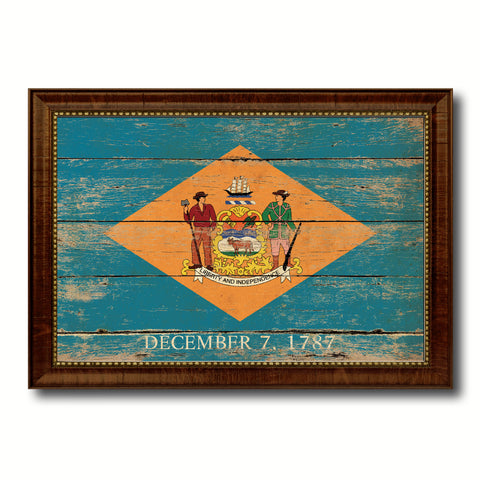 Delaware State Flag Shabby Chic Gifts Home Decor Wall Art Canvas Print, White Wash Wood Frame