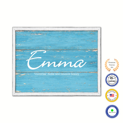 Emma Name Plate White Wash Wood Frame Canvas Print Boutique Cottage Decor Shabby Chic