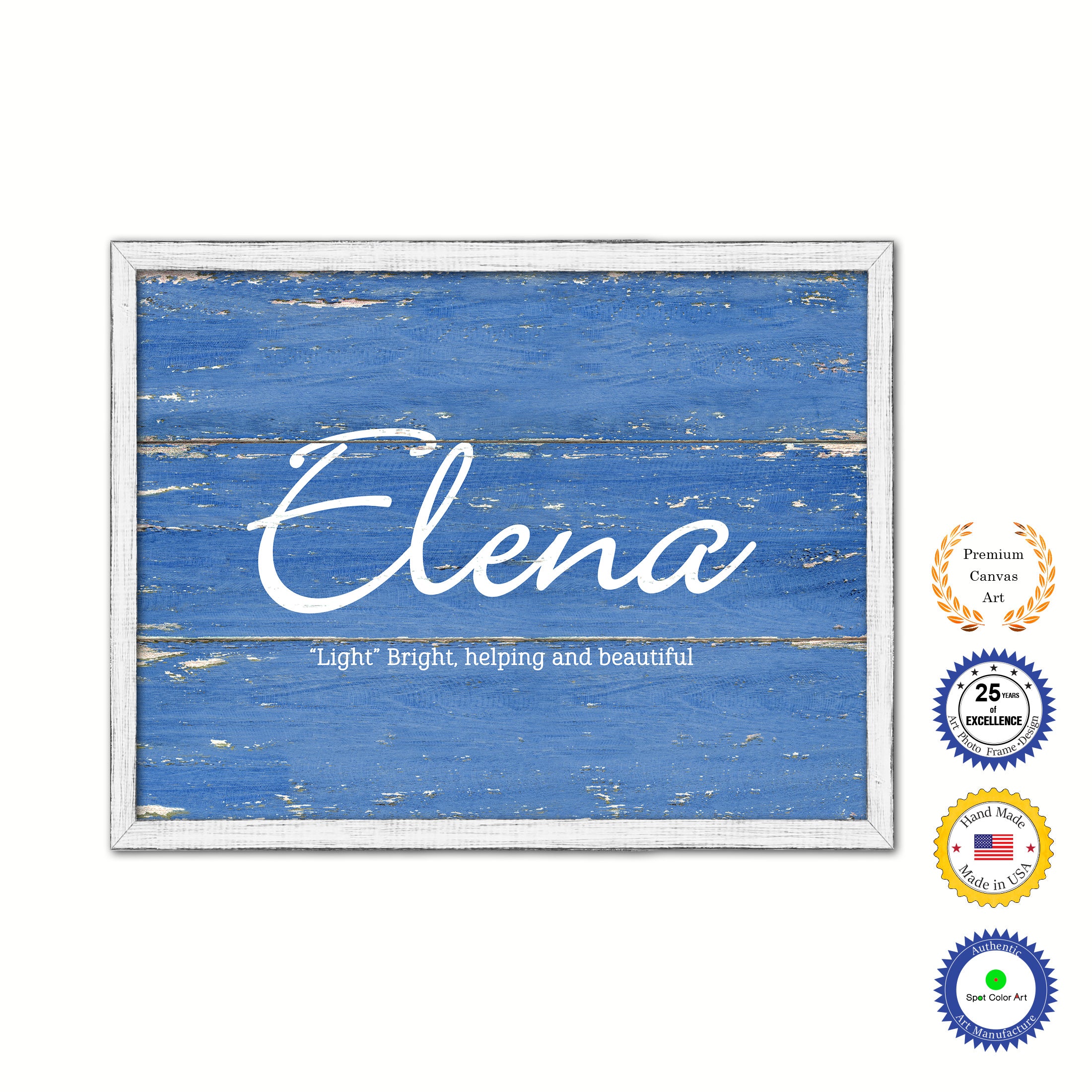 Elena Name Plate White Wash Wood Frame Canvas Print Boutique Cottage Decor Shabby Chic