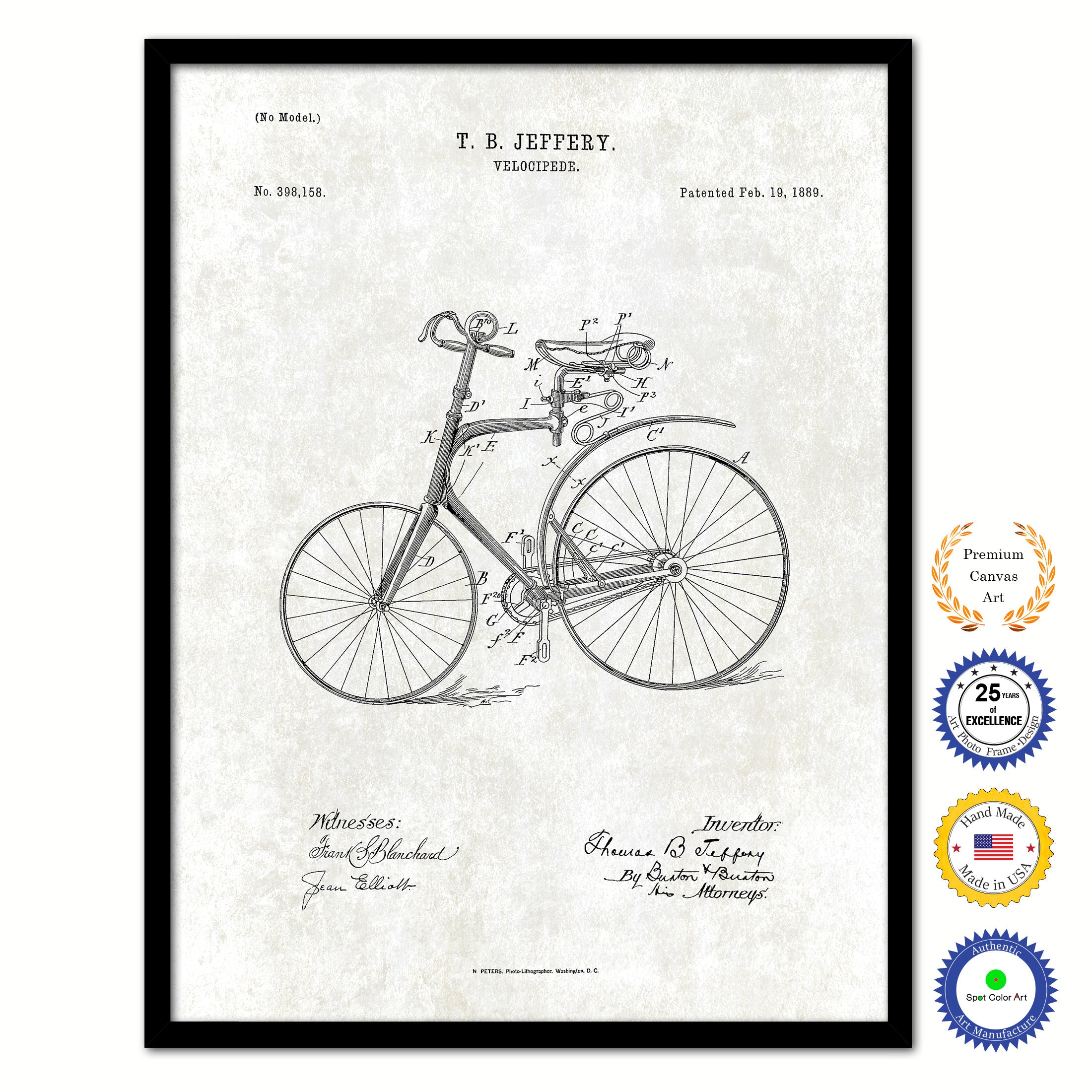 1889 Velocipede Old Patent Art Print on Canvas Custom Framed Vintage Home Decor Wall Decoration Great for Gifts