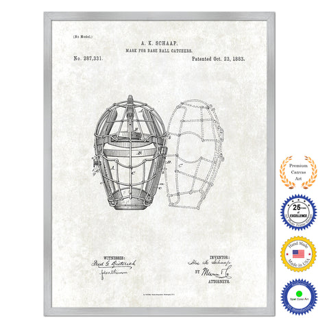 1883 Mask for Baseball Catchers Old Patent Art Print on Canvas Custom Framed Vintage Home Decor Wall Decoration Great for Gifts