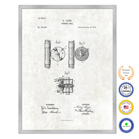 1883 Fishing Reel Antique Patent Artwork Silver Framed Canvas Print Home Office Decor Great for Fisherman Cabin Lake House