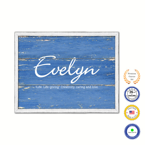 Evelyn Name Plate White Wash Wood Frame Canvas Print Boutique Cottage Decor Shabby Chic