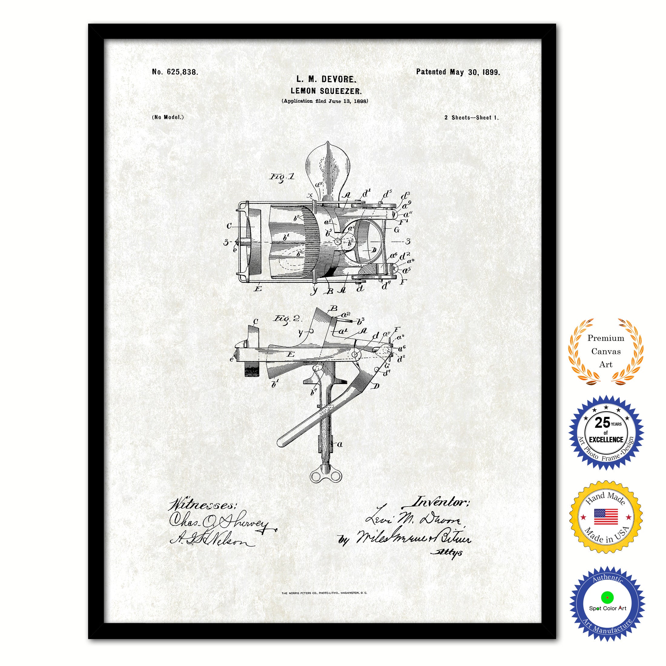 1899 Lemon Squeezer Old Patent Art Print on Canvas Custom Framed Vintage Home Decor Wall Decoration Great for Gifts