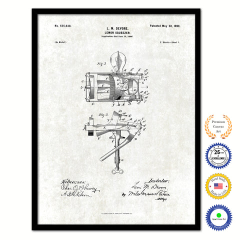 1899 Lemon Squeezer Old Patent Art Print on Canvas Custom Framed Vintage Home Decor Wall Decoration Great for Gifts