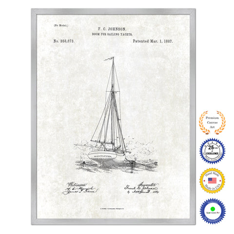 1887 Boom for sailing yachts Old Patent Art Print on Canvas Custom Framed Vintage Home Decor Wall Decoration Great for Gifts