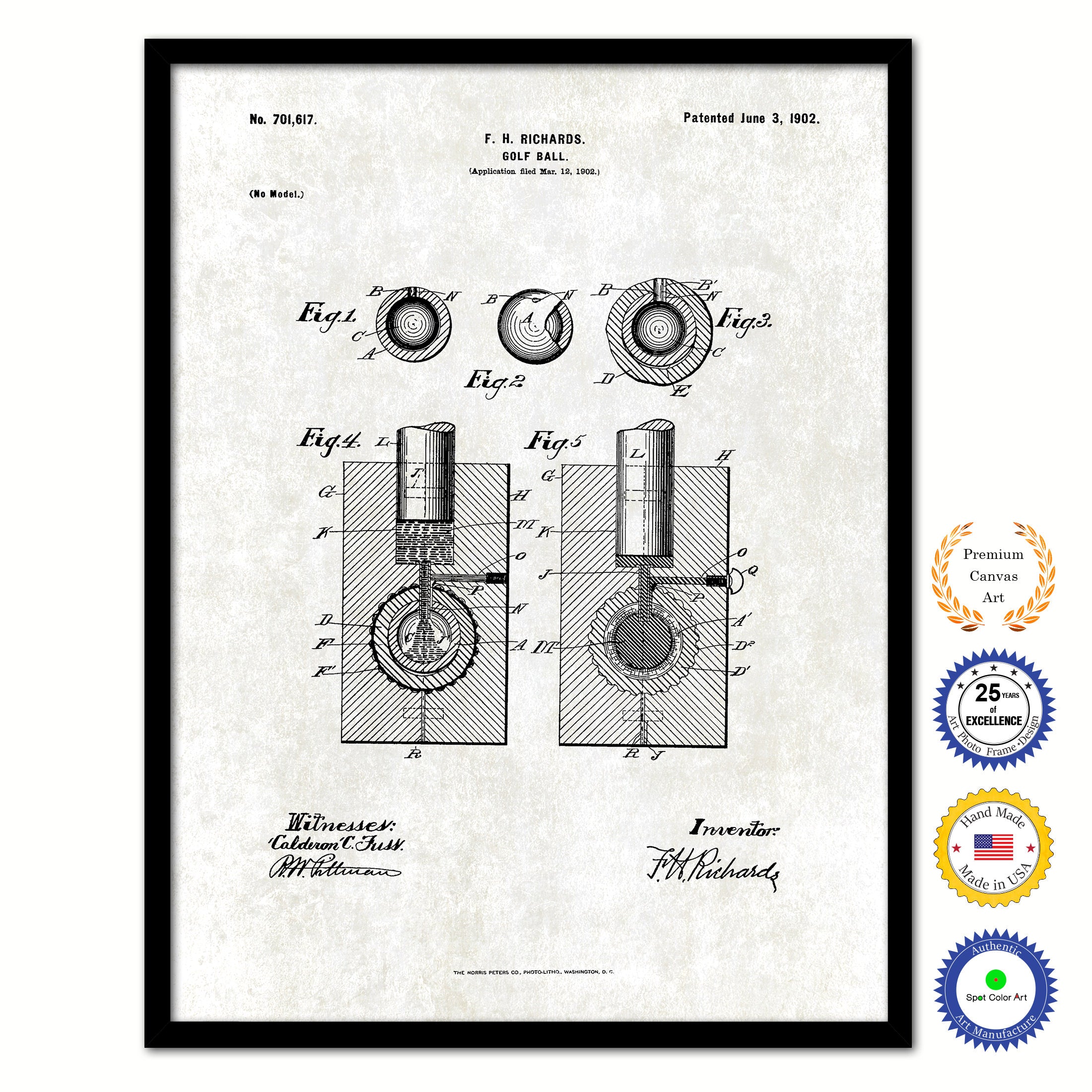 1902 Golf Ball Old Patent Art Print on Canvas Custom Framed Vintage Home Decor Wall Decoration Great for Gifts