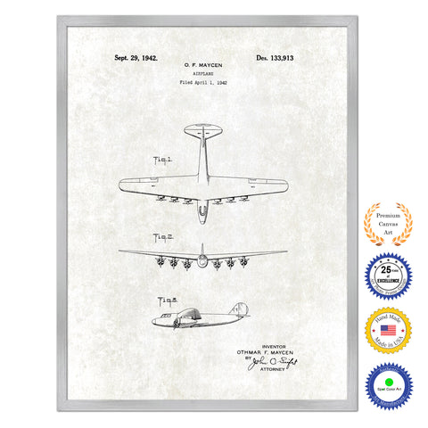 1942 Airplane Antique Patent Artwork Silver Framed Canvas Print Home Office Decor Great for Pilot Gift