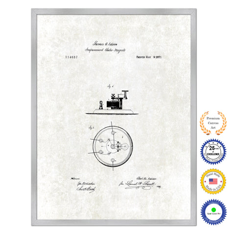 1871 Thomas Edison Improvement in Electro Magnets Antique Patent Artwork Silver Framed Canvas Print Home Office Decor Great for Thomas Edison Lover Electrician Inventor