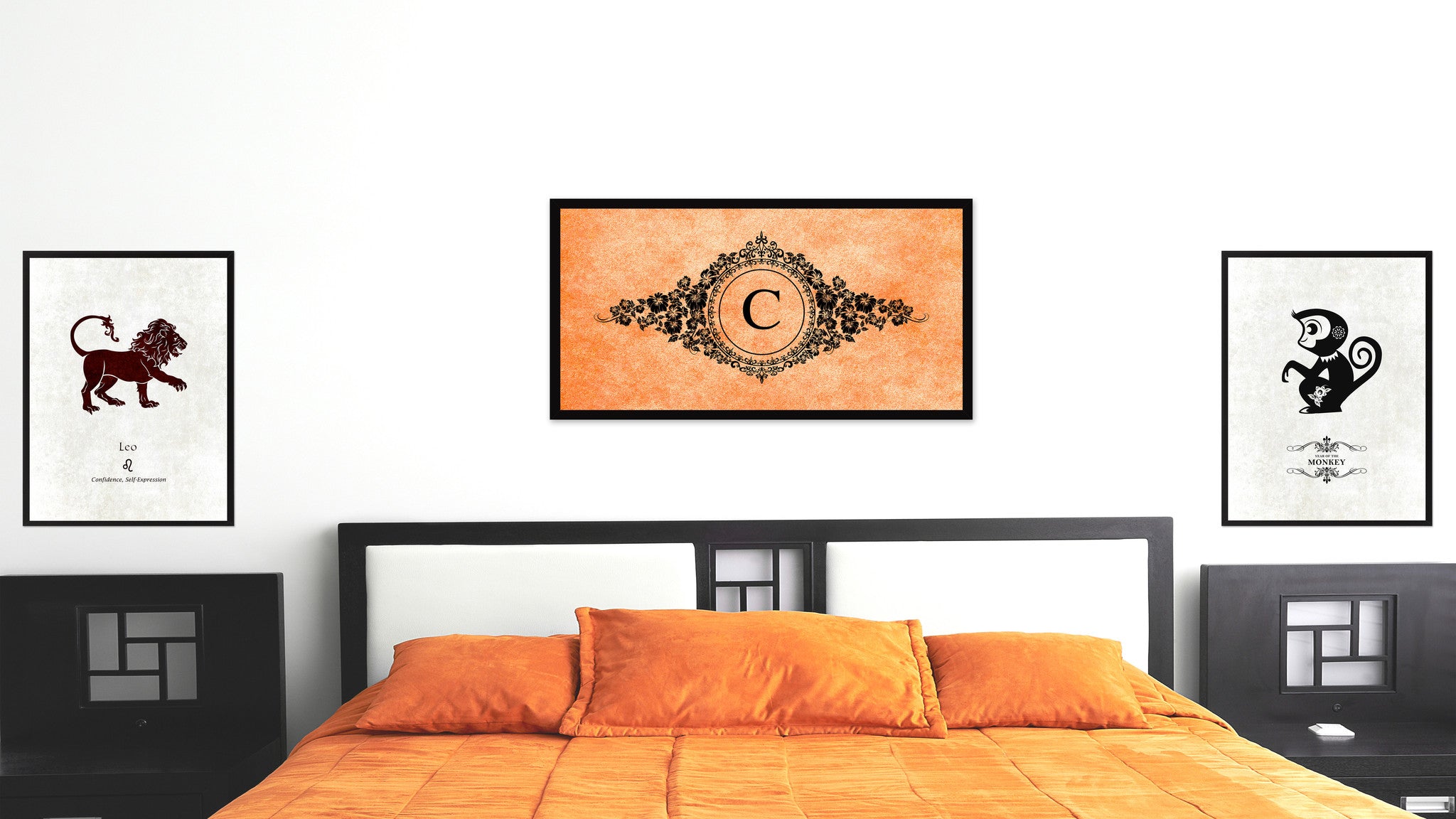 Alphabet Letter C Orange Canvas Print, Black Custom Frame