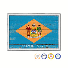 Delaware State Flag Shabby Chic Gifts Home Decor Wall Art Canvas Print, White Wash Wood Frame