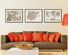 Spain Portugal Vintage Sepia Map Canvas Print, Picture Frame Gifts Home Decor Wall Art Decoration