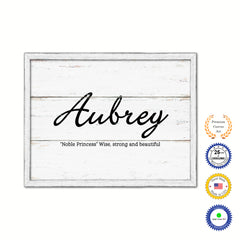 Aubrey Name Plate White Wash Wood Frame Canvas Print Boutique Cottage Decor Shabby Chic