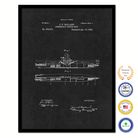 1892 Submergible Torpedo Boat Old Patent Art Print on Canvas Custom Framed Vintage Home Decor Wall Decoration Great for Gifts