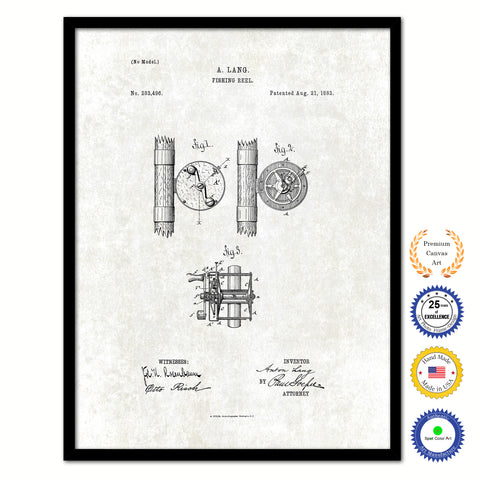 1883 Fishing Reel Vintage Patent Artwork Black Framed Canvas Print Home Office Decor Great for Fisherman Cabin Lake House