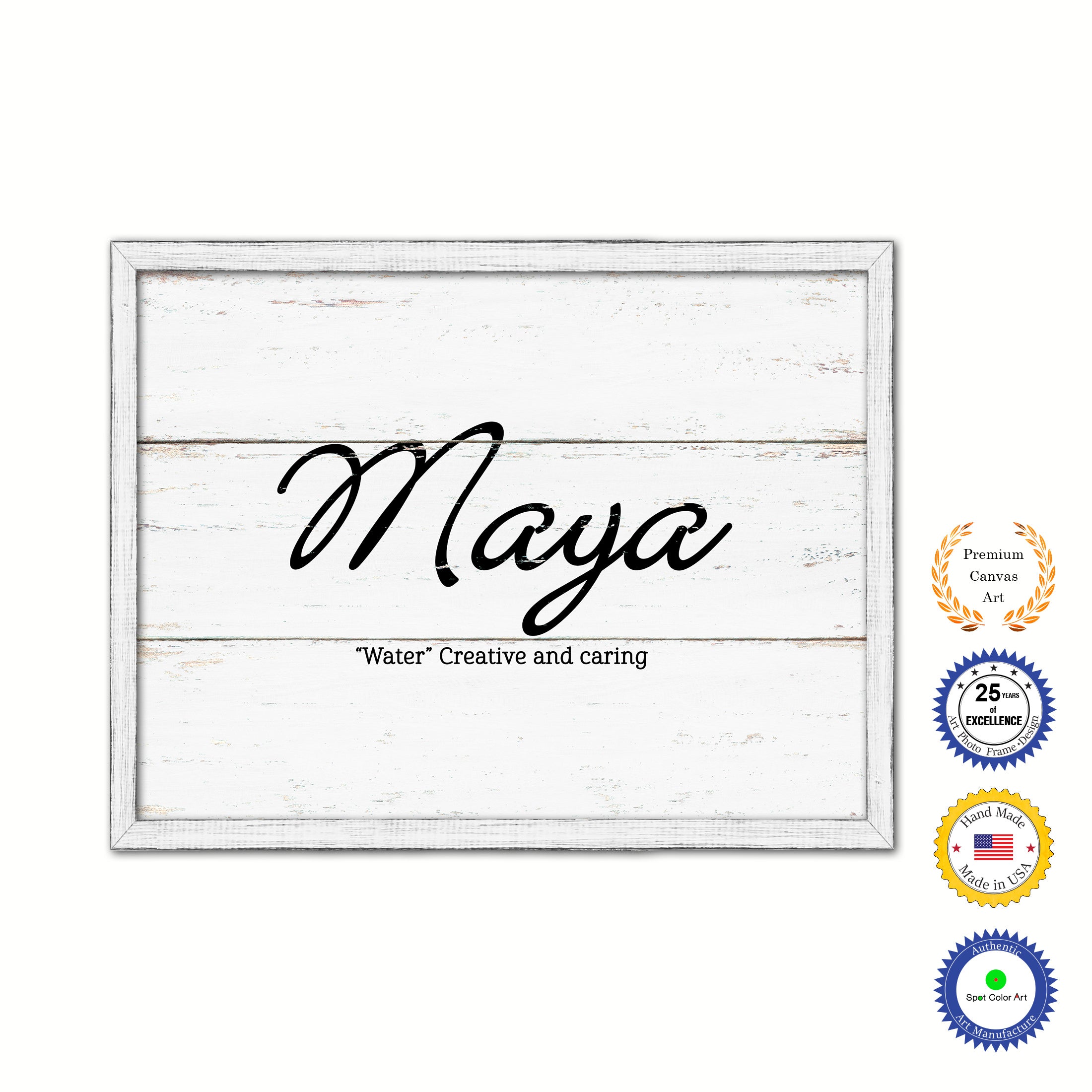 Maya Name Plate White Wash Wood Frame Canvas Print Boutique Cottage Decor Shabby Chic