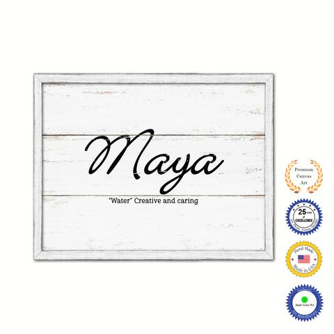 Maya Name Plate White Wash Wood Frame Canvas Print Boutique Cottage Decor Shabby Chic