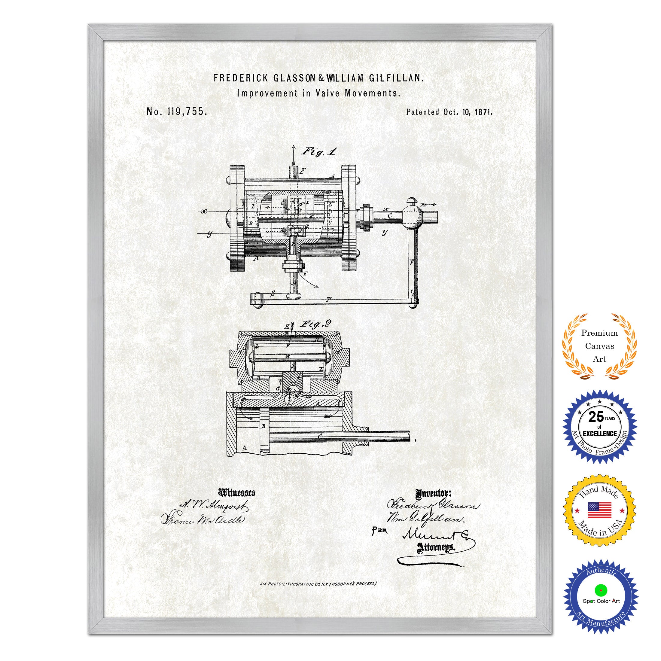 1871 Improvement in Valve Movements Old Patent Art Print on Canvas Custom Framed Vintage Home Decor Wall Decoration Great for Gifts