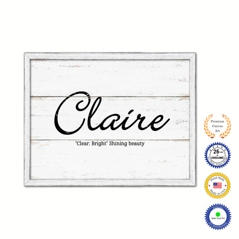 Claire Name Plate White Wash Wood Frame Canvas Print Boutique Cottage Decor Shabby Chic