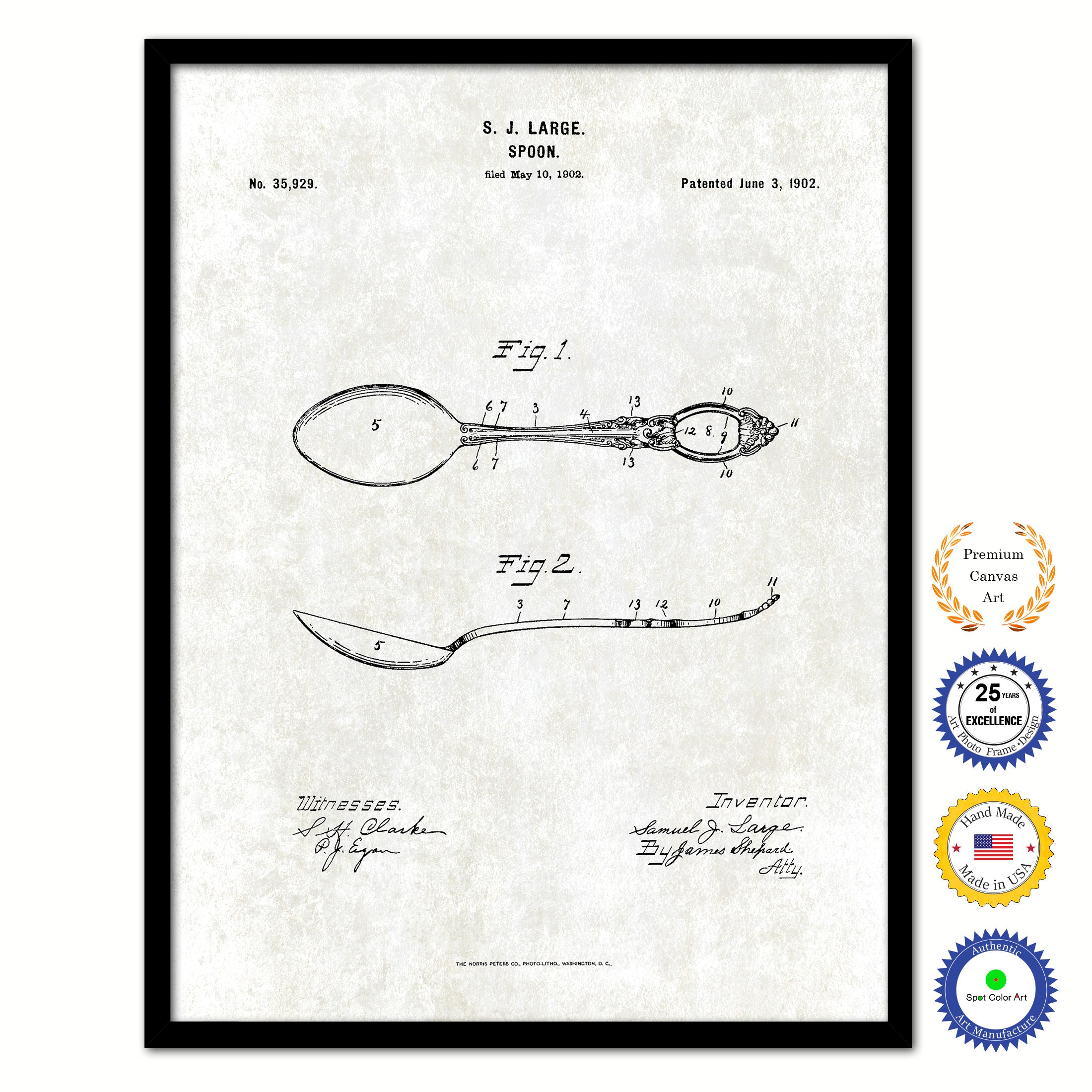 1902 Spoon Old Patent Art Print on Canvas Custom Framed Vintage Home Decor Wall Decoration Great for Gifts