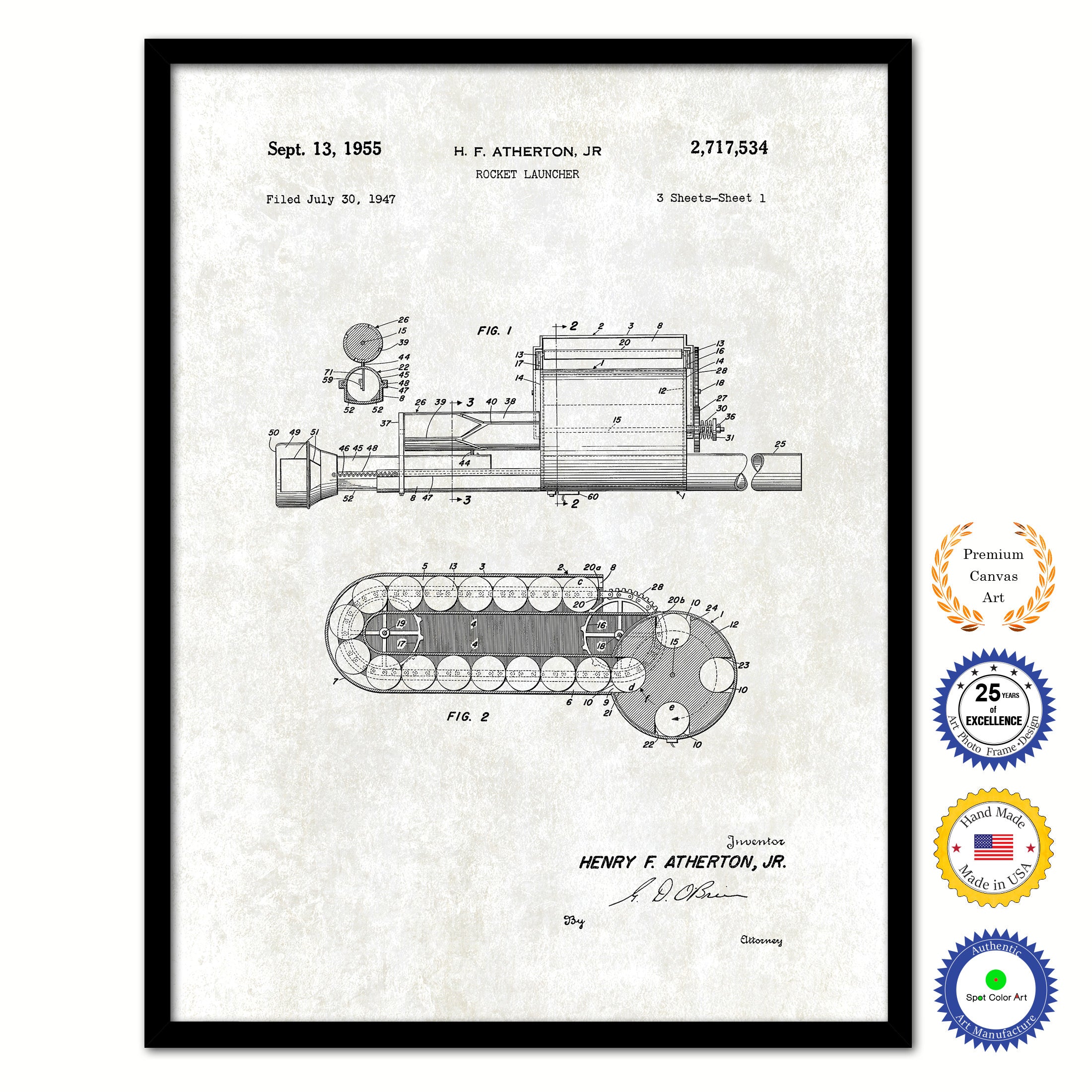 1955 Rocket Launcher Old Patent Art Print on Canvas Custom Framed Vintage Home Decor Wall Decoration Great for Gifts